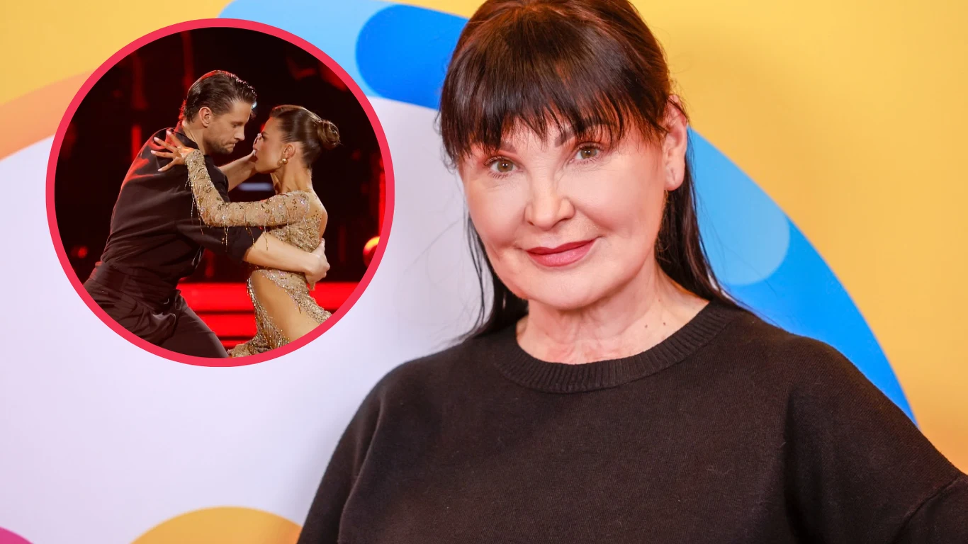 Iwona Pavlović poruszona występem Sebastiana Fabijańskiego i Julii Suryś Kobieta o ciemnych włosach w czarnym swetrze na tle wielobarwnej grafiki, obok okrągłego wstawionego zdjęcia pary wykonującej taneczny układ na scenie w czerwonym świetle.
