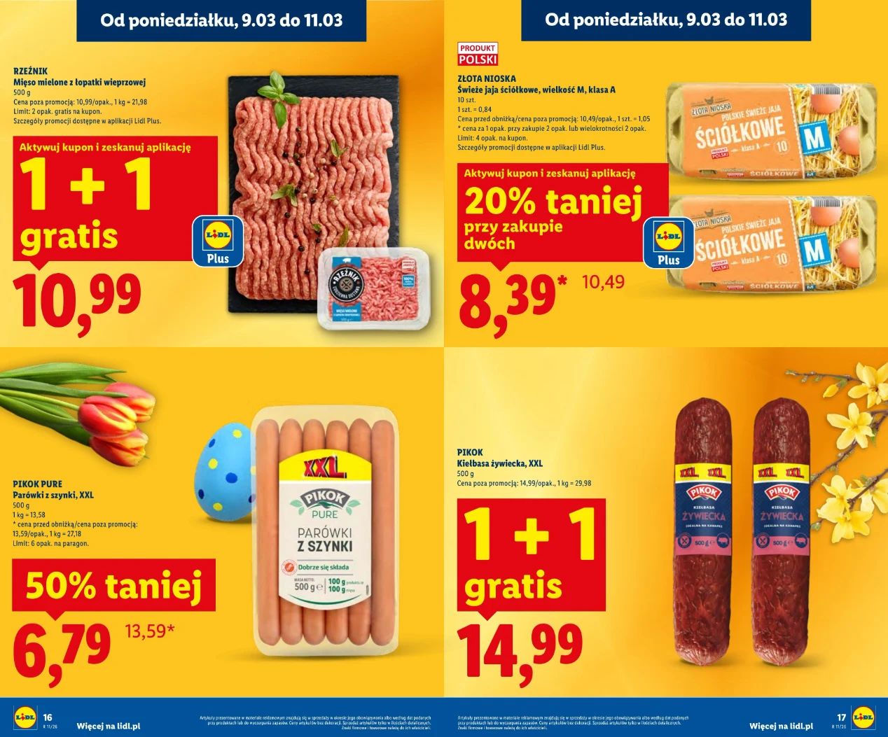 Cztery promocje na produkty spożywcze w sklepie: mielone mięso wieprzowo-wołowe w ofercie 1+1 gratis, jajka Ściółkowe M taniej przy zakupie dwóch opakowań, parówki z szynki XXL przecenione o 50%, a sucha kiełbasa żywiecka 1+1 gratis; całość na tle wios...