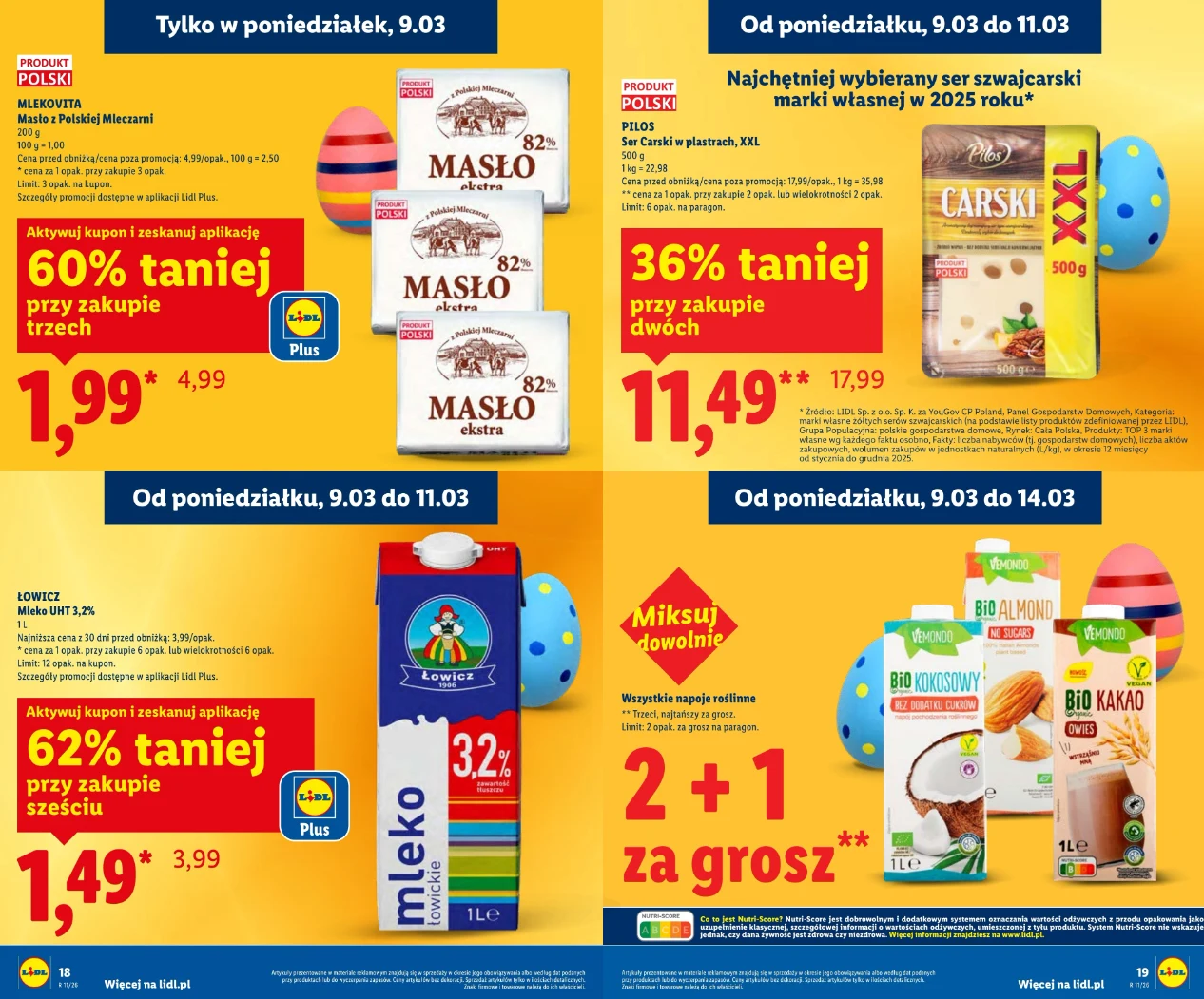 Cztery kolorowe bloki promocyjne na żółtym tle, prezentujące oferty cenowe masła, sera carski, mleka oraz produktów roślinnych do picia i bio kakao, uzupełnione grafikami wielkanocnych pisanek oraz logo sieci Lidl.