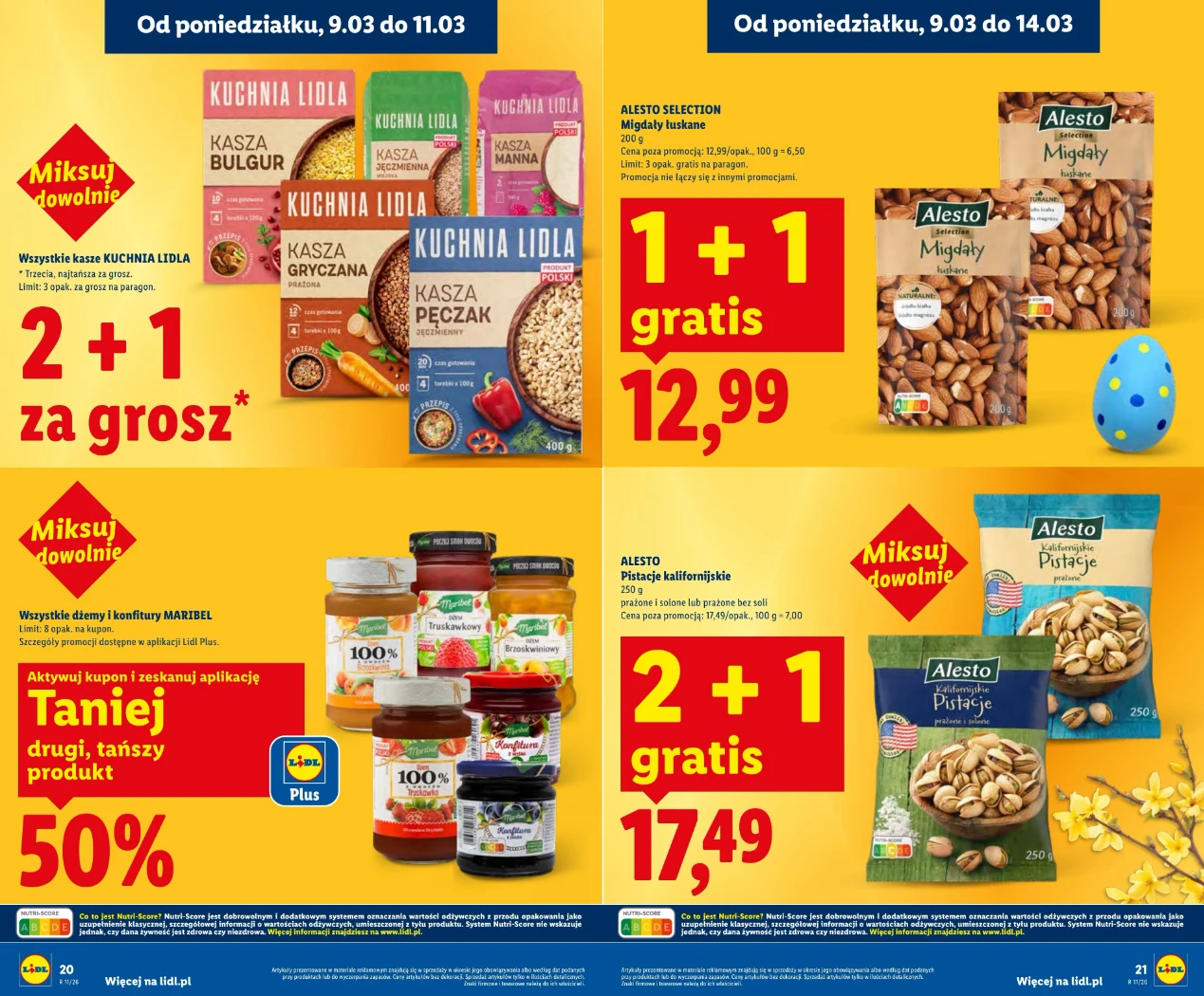 Promocje na produkty spożywcze w sklepie, w tym kasze marki Kuchnia Lidla, bakalie marki Alesto oraz dżemy i masła orzechowe, z wyróżnionymi ofertami typu 2+1 gratis, 1+1 gratis i 50% taniej na wybrany asortyment, wszystko na tle żółto-niebieskiej graf...