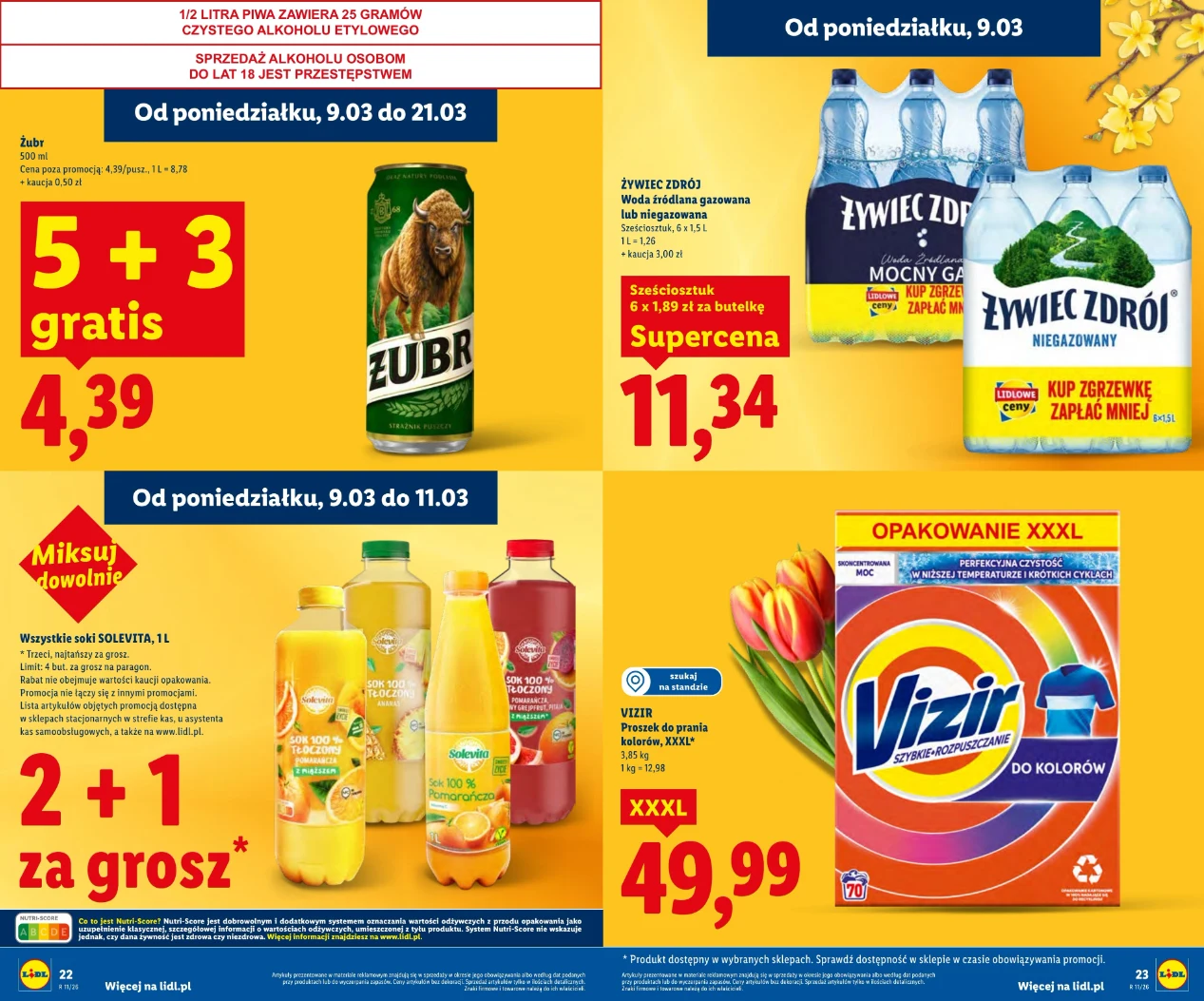 Reklamowa oferta promocyjna z produktami na żółtym tle, obejmująca piwo Żubr w puszce, wodę Żywiec Zdrój w zgrzewce butelek, różne napoje Solevita w butelkach plastikowych oraz proszek do prania Vizir w dużym opakowaniu XXL, z wyraźnie zaznaczonymi cen...