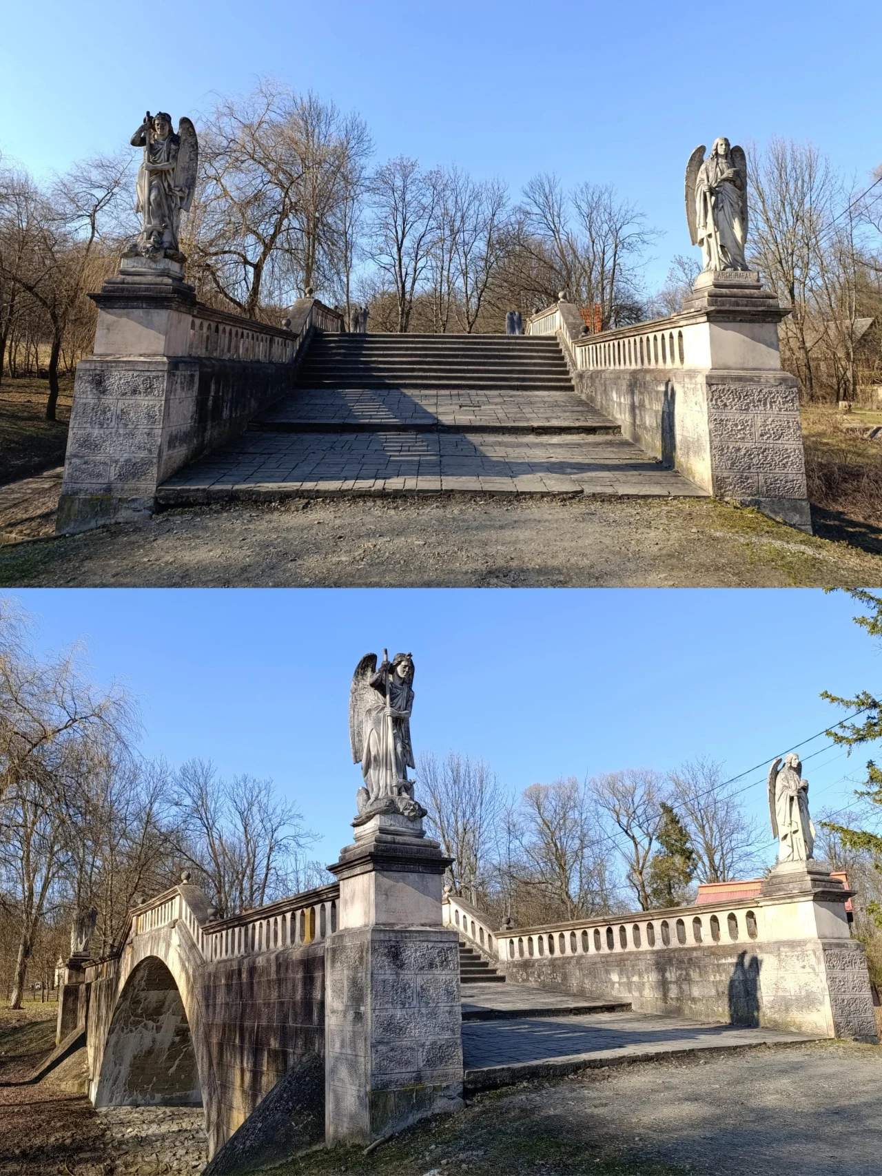 Kamienny most o łukowatej konstrukcji, ozdobiony rzeźbami aniołów po obu stronach wejścia, otoczony nagimi drzewami w słoneczny dzień.