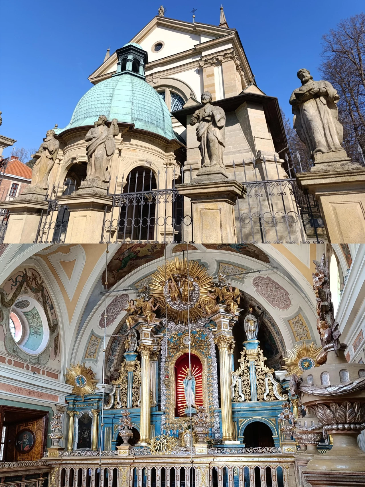 Kamienna fasada kościoła z zieloną kopułą otoczona posągami świętych oraz bogato zdobiony ołtarz z rzeźbami, złotymi dekoracjami i figurą Matki Boskiej w centralnej części wnętrza.