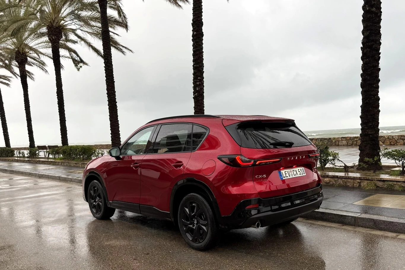 Czerwony SUV zaparkowany na mokrej ulicy w pobliżu palm, z widokiem na morze i kamienny mur oddzielający chodnik od plaży.