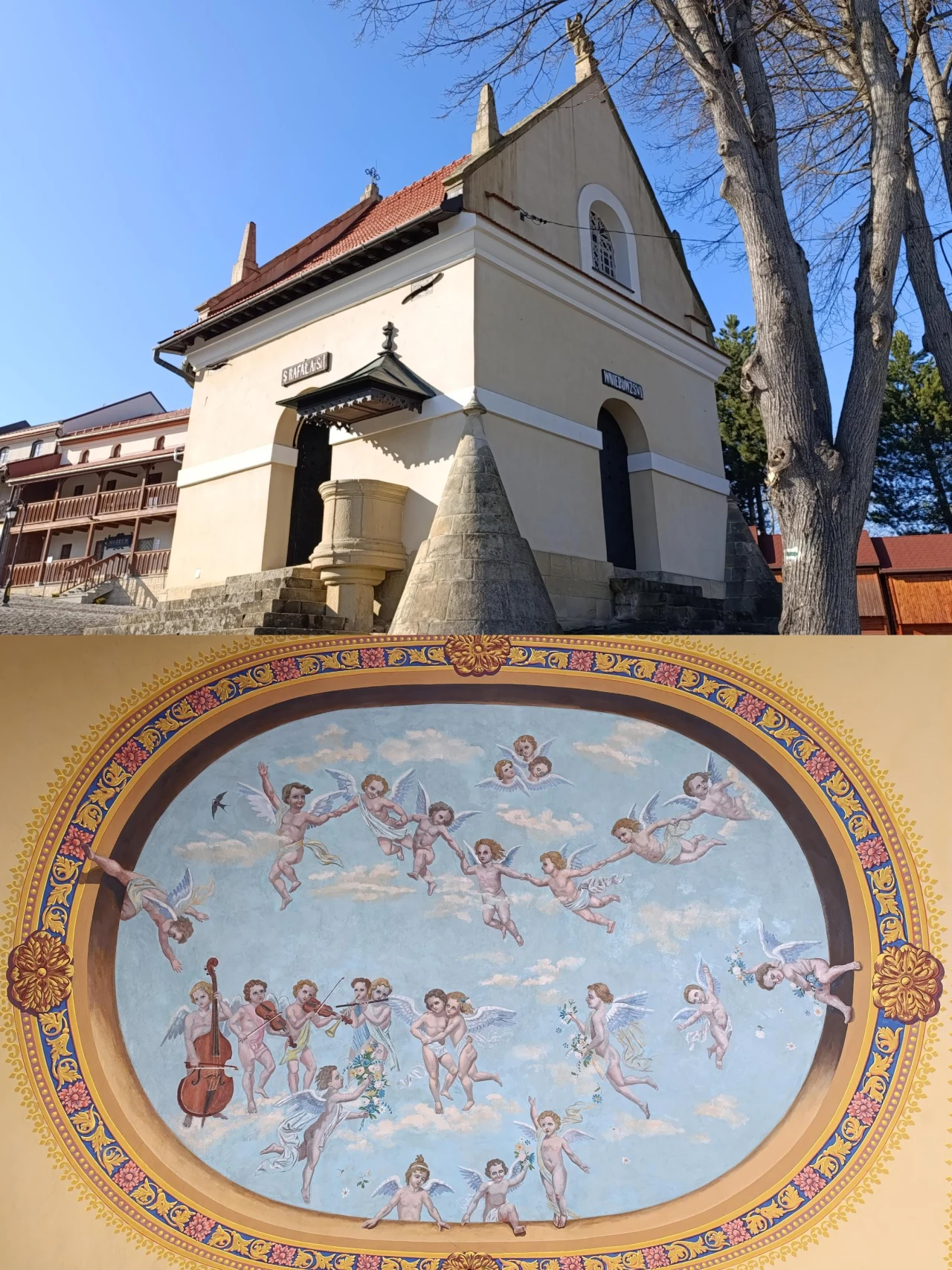 Mała kaplica o jasnej elewacji z detalami architektonicznymi oraz fresk na suficie przedstawiający grupę putt grających na instrumentach i tańczących wśród obłoków.