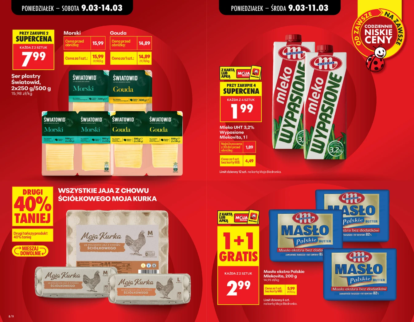 Oferta promocyjna z podziałem na sekcje zawierająca sery żółte w plastrach marki Światowid, mleko Wydojone w kartonach, jajka z chowu ściółkowego Moja Kurka i masło polskie Mlekovita z wyróżnioną promocją '1+1 gratis'.