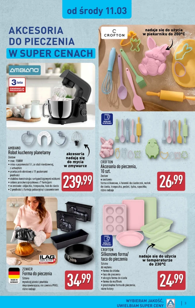 Promocja akcesoriów do pieczenia, w tym robot kuchenny planetarny Ambiano ze stalową misą, zestaw silikonowych narzędzi Crofton, kolorowe foremki silikonowe do pieczenia oraz forma do ciasta z powłoką ILAG, wraz z wyeksponowanymi cenami i informacjami ...