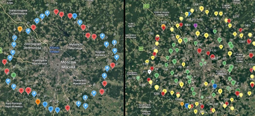 Dwie satelitarne mapy okolic Moskwy, po lewej stronie rozmieszczone w okręgu różnokolorowe markery oznaczające konkretne lokalizacje wokół miasta, po prawej gęstsza sieć znaczników w różnych kolorach tworząca kilka koncentrycznych pierścieni wokół cent...