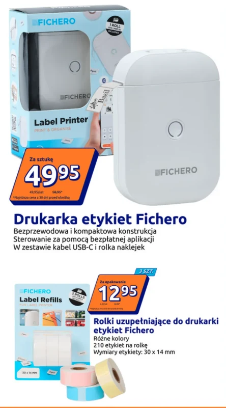 Biała, kompaktowa drukarka etykiet marki Fichero obok swojego opakowania, z wyróżnioną ceną, oraz prezentacja kolorowych rolek uzupełniających do urządzenia wraz z opisem technicznym i ceną.