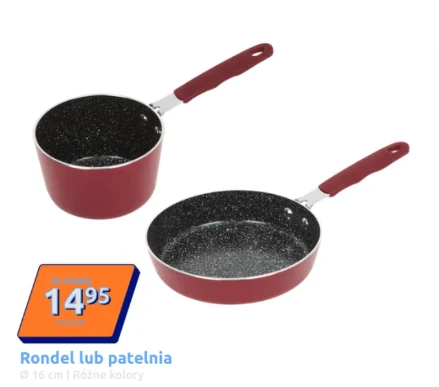 Czerwony rondel i patelnia z czarnym, chropowatym wnętrzem oraz uchwytami w tym samym kolorze, obok widoczna etykieta z ceną 14,95 oraz informacją o średnicy 16 cm.