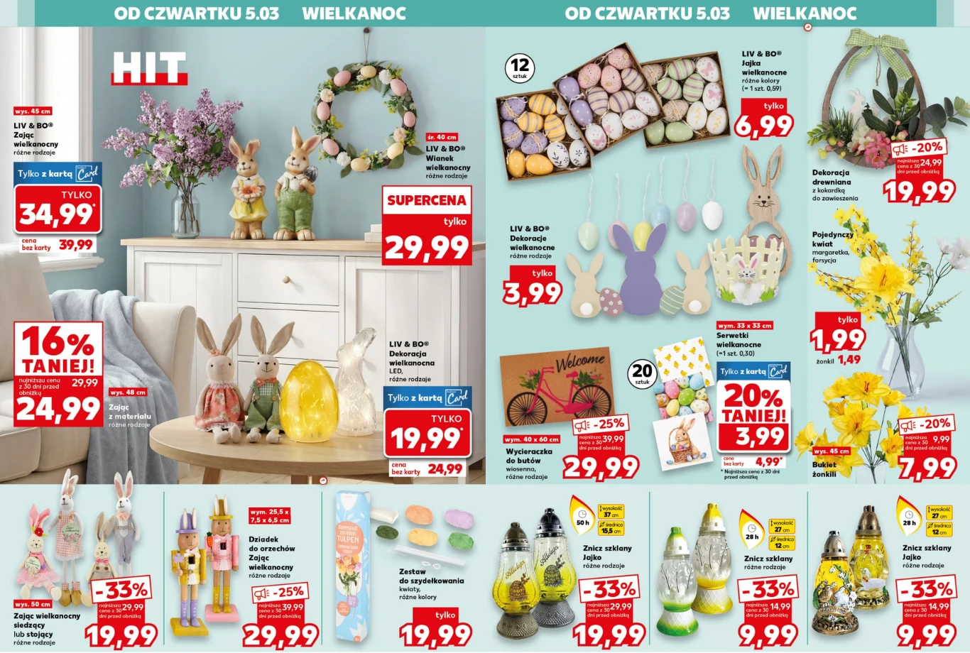 Kolorowe dekoracje wielkanocne, w tym figurki zajączków, ozdobne jajka oraz kwiaty, ustawione na stoliku i komodzie na tle pastelowej ściany, otoczone promocjami i cenami produktów.