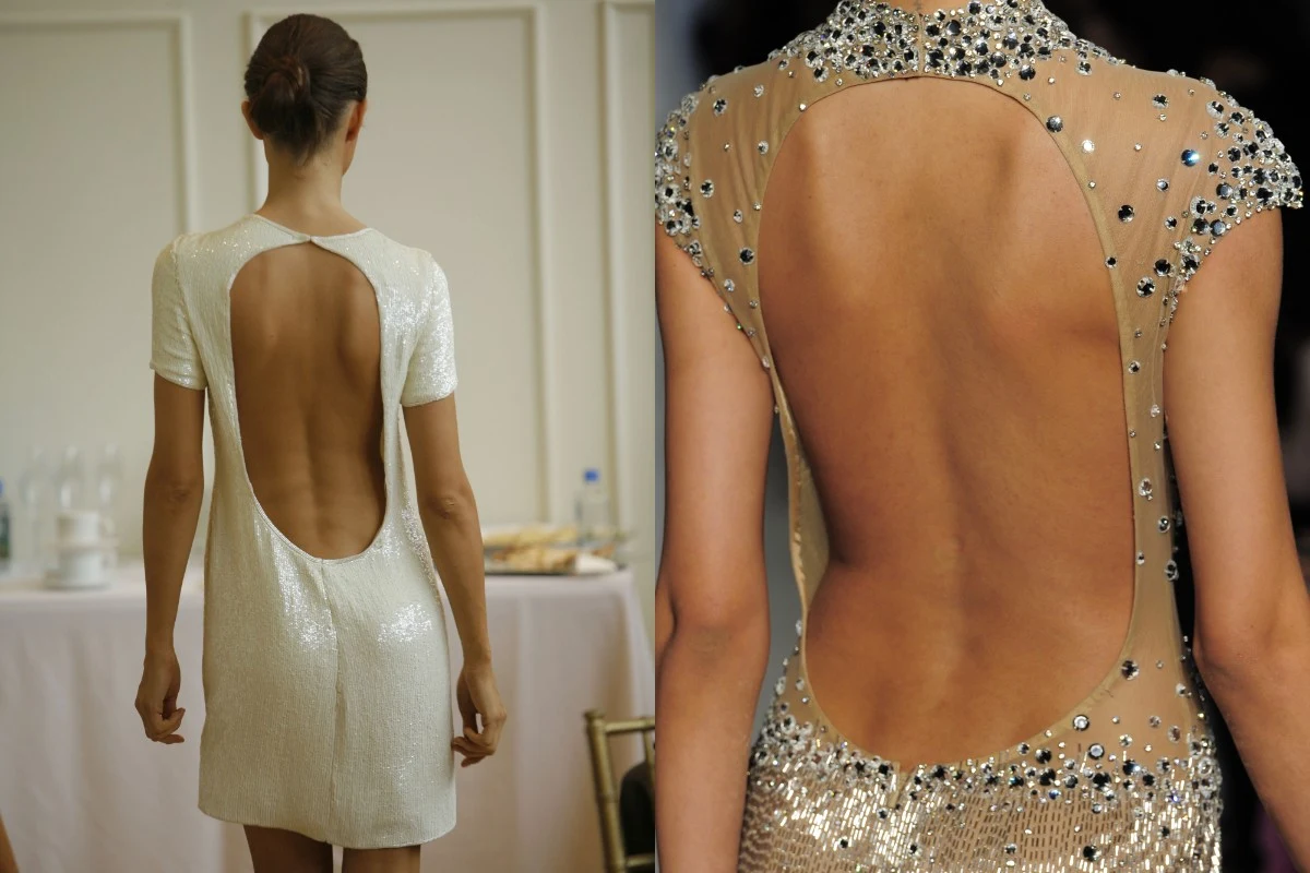 Dwie kobiety ubrane w sukienki z głęboko wyciętymi plecami, jedna w białej, błyszczącej kreacji, druga w beżowej sukni ozdobionej cekinami, obie prezentują efektowne, odsłonięte plecy.