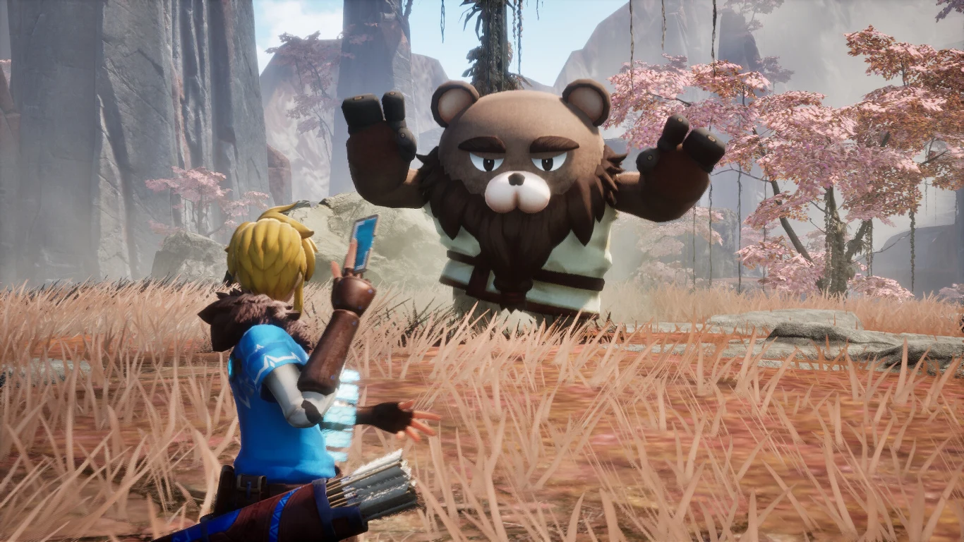 Postać w niebieskim stroju z łukiem mierzy z bronią do dużego, antropomorficznego niedźwiedzia w samurajskim stroju, który podnosi łapy w geście obronnym; krajobraz w tle to fantastyczna sceneria z różowymi drzewami i górzystym terenem.