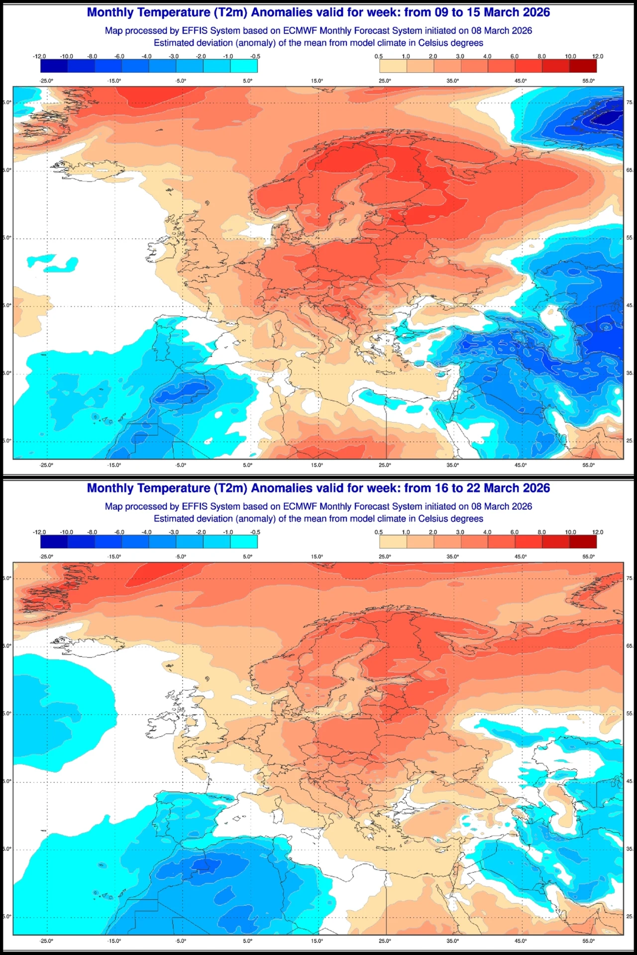 Dwie mapy Europy z prognozowanymi anomaliami temperatury na marzec 2026, gdzie dominujące odcienie czerwieni wskazują na znacznie wyższe niż zwykle temperatury w centralnej i wschodniej części kontynentu, podczas gdy niebieskie obszary na południowym w...