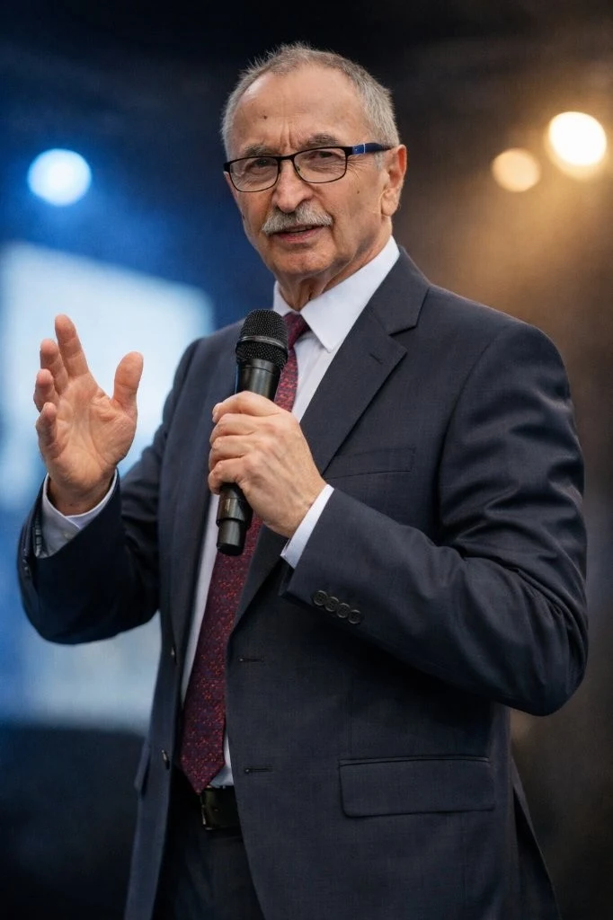 Starszy mężczyzna w eleganckim garniturze i okularach przemawia do mikrofonu, gestykulując lewą ręką; w tle rozmyte światła sceniczne i niebieskie reflektory.