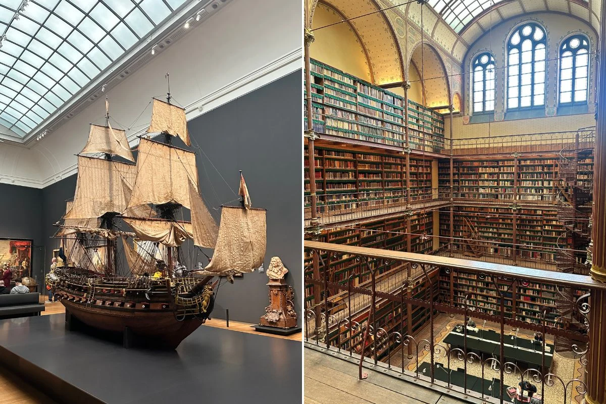 Model dużego żaglowca z licznymi szczegółami ustawiony w nowoczesnej sali muzealnej po lewej stronie oraz przestronna, zabytkowa biblioteka z kilkoma piętrami wypełnionymi książkami i dużymi łukowymi oknami po prawej stronie.