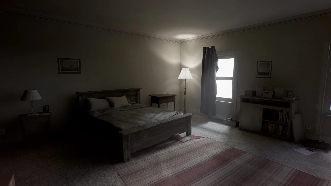 Przytulna sypialnia z dużym łóżkiem z drewnianą ramą, pościelą i dwoma poduszkami, stojącym przy nim stolikiem nocnym z lampą, miękkim dywanem w jasne pasy na podłodze oraz biurkiem na książki i lampę, przy oknie zasłoniętym zasłoną i lampą stojącą daj...