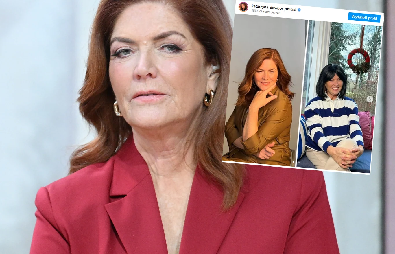 Kobieta o rudych włosach w czerwonym żakiecie patrzy poważnie w stronę obiektywu, z boku widoczna jest wklejona fotografia przedstawiająca tę samą kobietę uśmiechniętą w brązowej koszuli oraz inną osobę w pasiastej niebiesko-białej bluzie siedzącą na t...