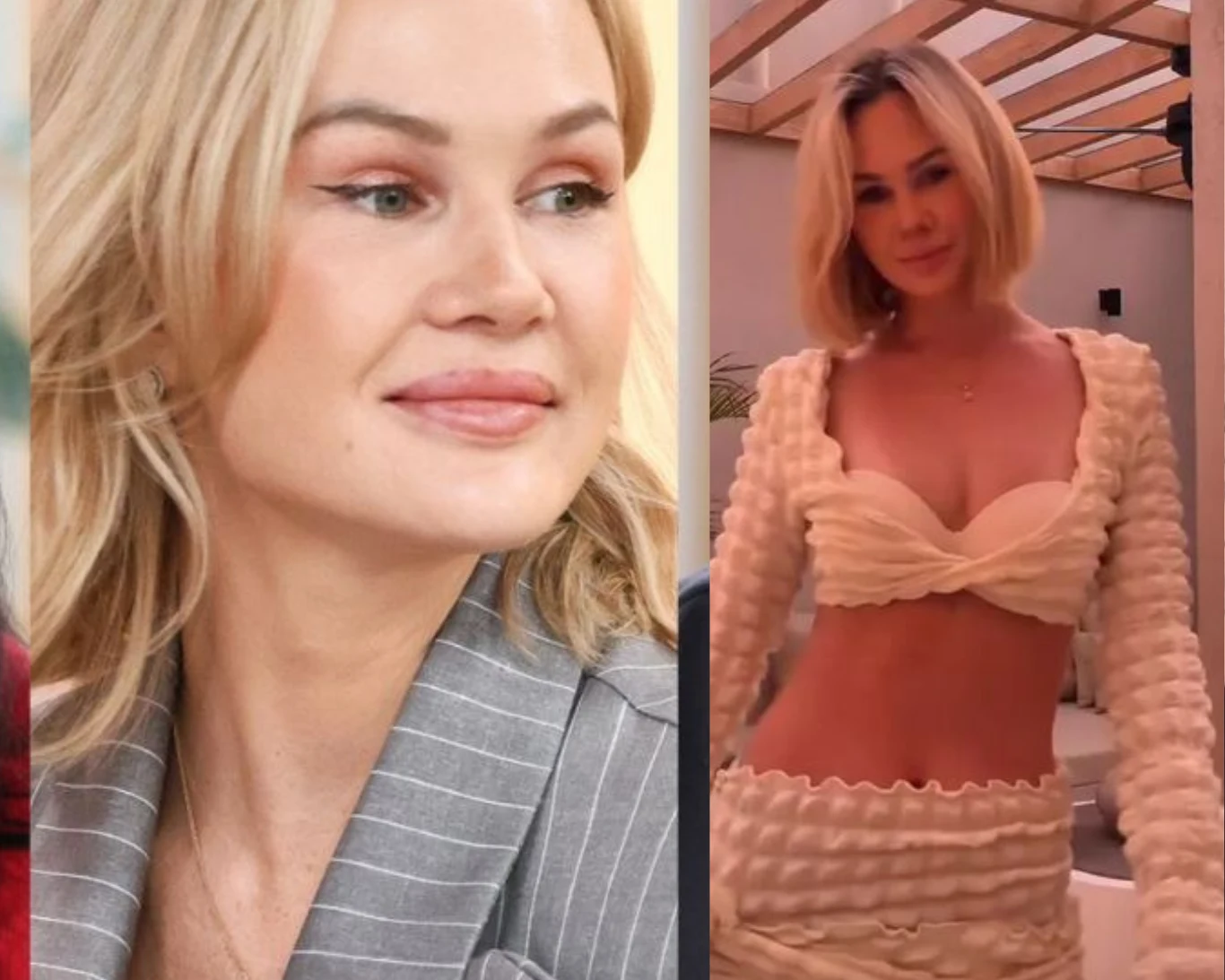 Kobieta o jasnych blond włosach, ubrana w jasny garnitur w drobne paski na pierwszym zdjęciu oraz w kremowy, falowany komplet składający się z topu i spódnicy na drugim zdjęciu, prezentująca delikatny makijaż i łagodny uśmiech.