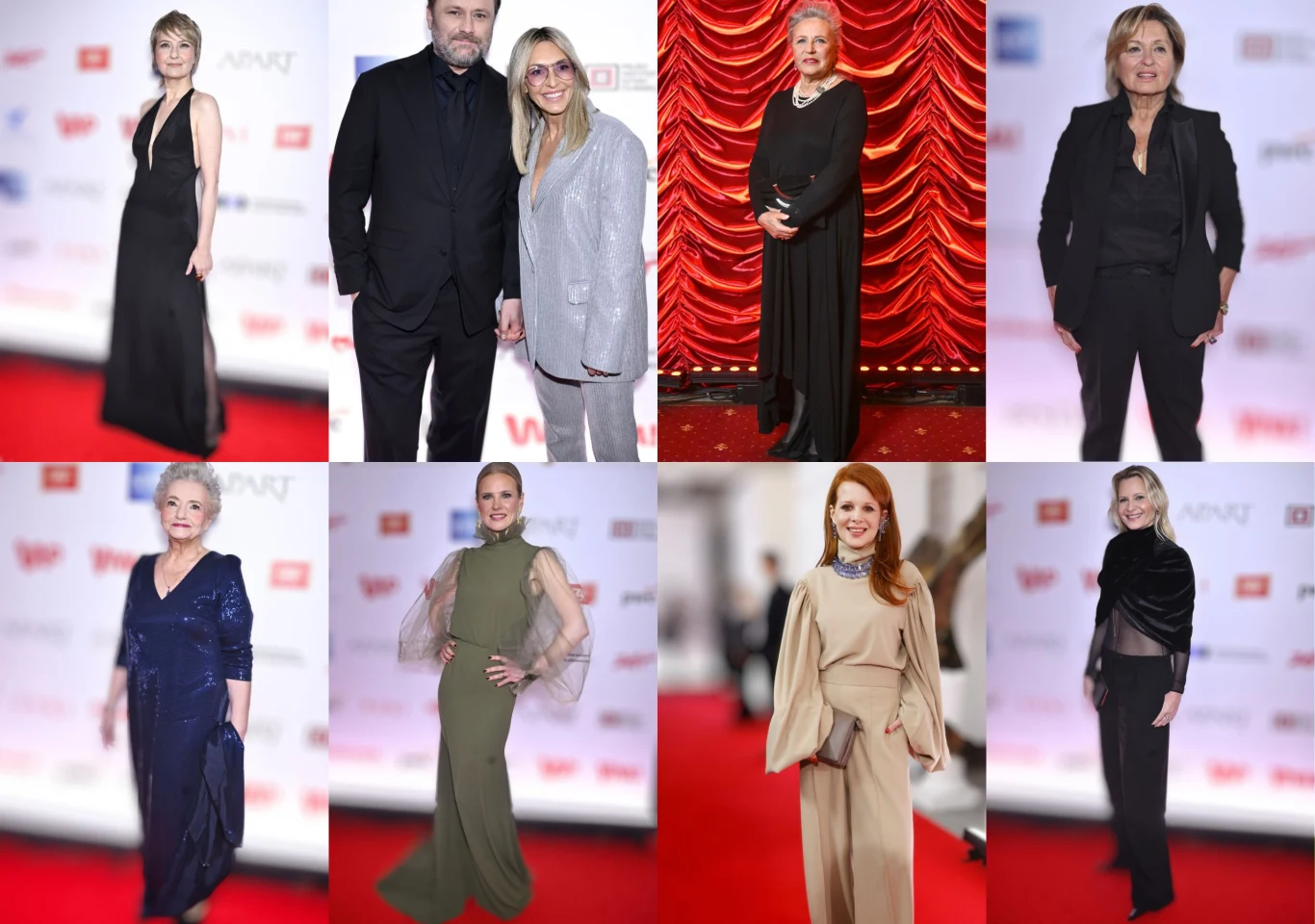 Gala nagród Orły. Od lewej: Izabela Kuna, Leszek Lichota i Katarzyna Baran, Krystyna Janda, Ewa Kasprzyk, Anna Seniuk, Wiktoria Gorodecka, Karolina Gruszka, Małgorzata Kożuchowska Kolaż zdjęć gwiazd na 28. gali nagród filmowych Orły. Pozują na czerwonym dywanie w eleganckich strojach.