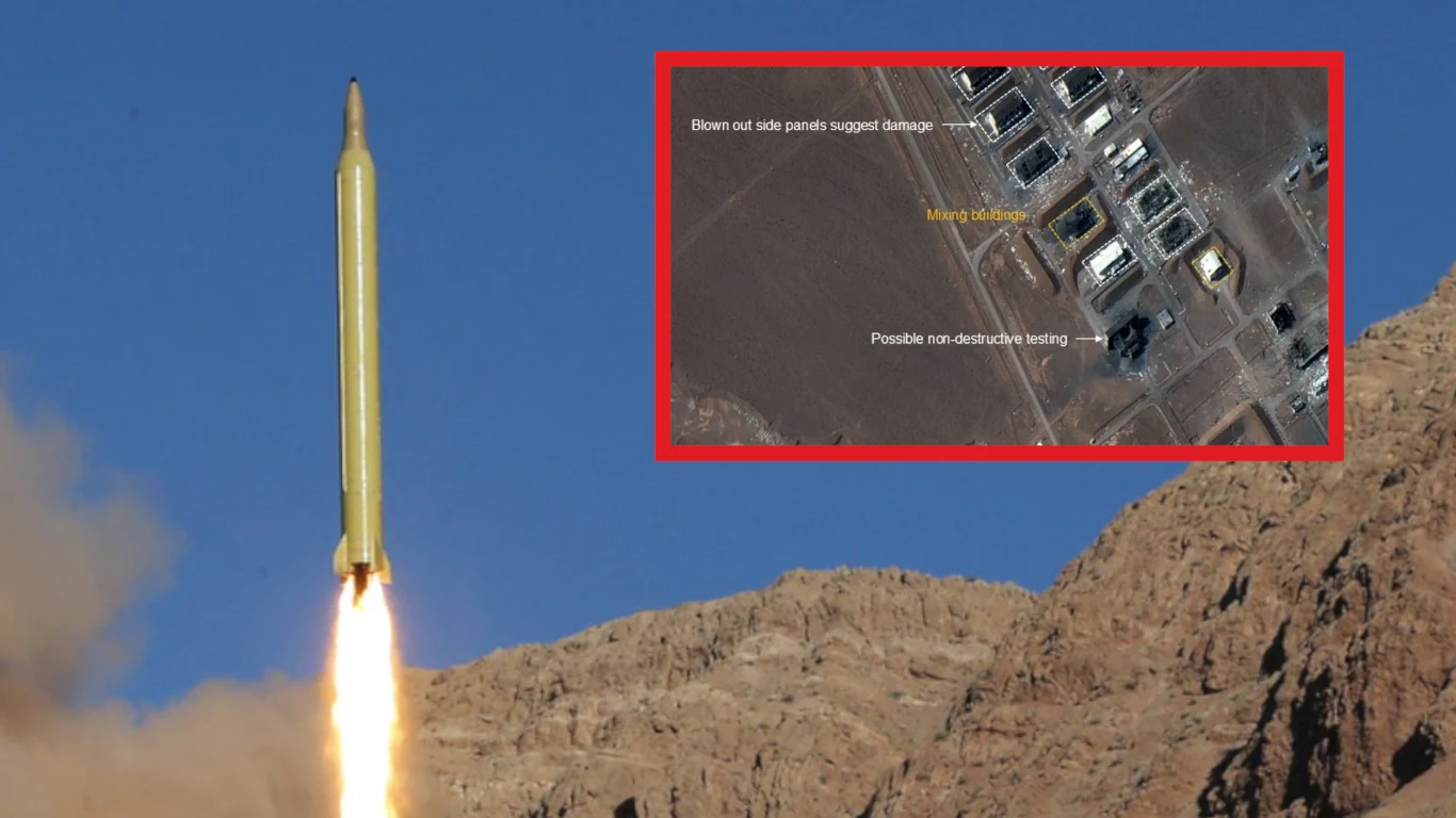 Start pocisku balistycznego z dopalaczem; obok zdjęcie satelitarne zniszczonych budynków