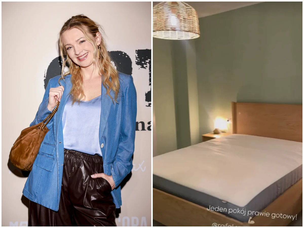 Kobieta z blond włosami ubrana w niebieską marynarkę, jasnoniebieską bluzkę i ciemnobrązowe spodnie, z brązową torebką na ramieniu; obok nowocześnie urządzony pokój z łóżkiem, małą lampką na nocnym stoliku i wiklinową lampą sufitową na tle jasnozielony...