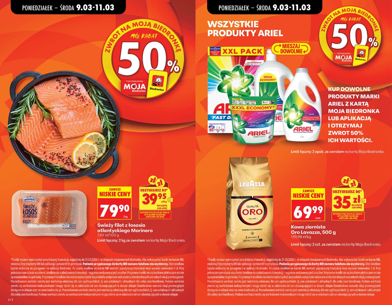 Świeży filet z łososia norweskiego na patelni z dodatkiem cytryny i ziół, obok opakowanie filetów łososia Marinero, produkty marki Ariel (płyny, proszki i kapsułki do prania) oraz kawa mielona Lavazza Qualità Oro w promocyjnych cenach, z wyróżnioną ofe...