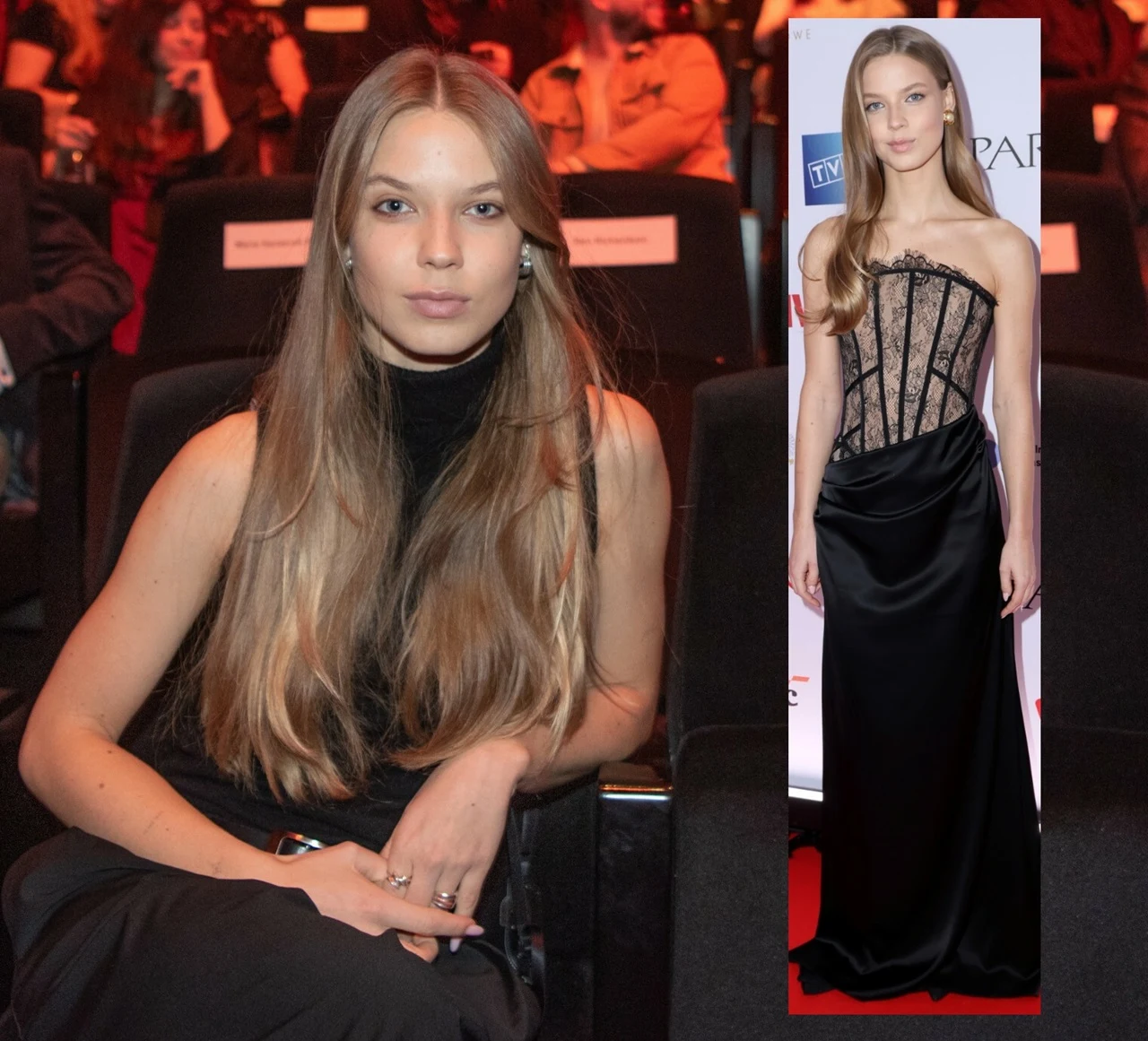 Kobieta z długimi, jasnobrązowymi włosami siedzi w czarnej stylizacji na widowni, w tle widoczni są inni uczestnicy wydarzenia; po prawej stronie wycięcie pokazuje ją stojącą w eleganckiej czarnej sukni z wyszywanym gorsetem, na czerwonym dywanie, na t...