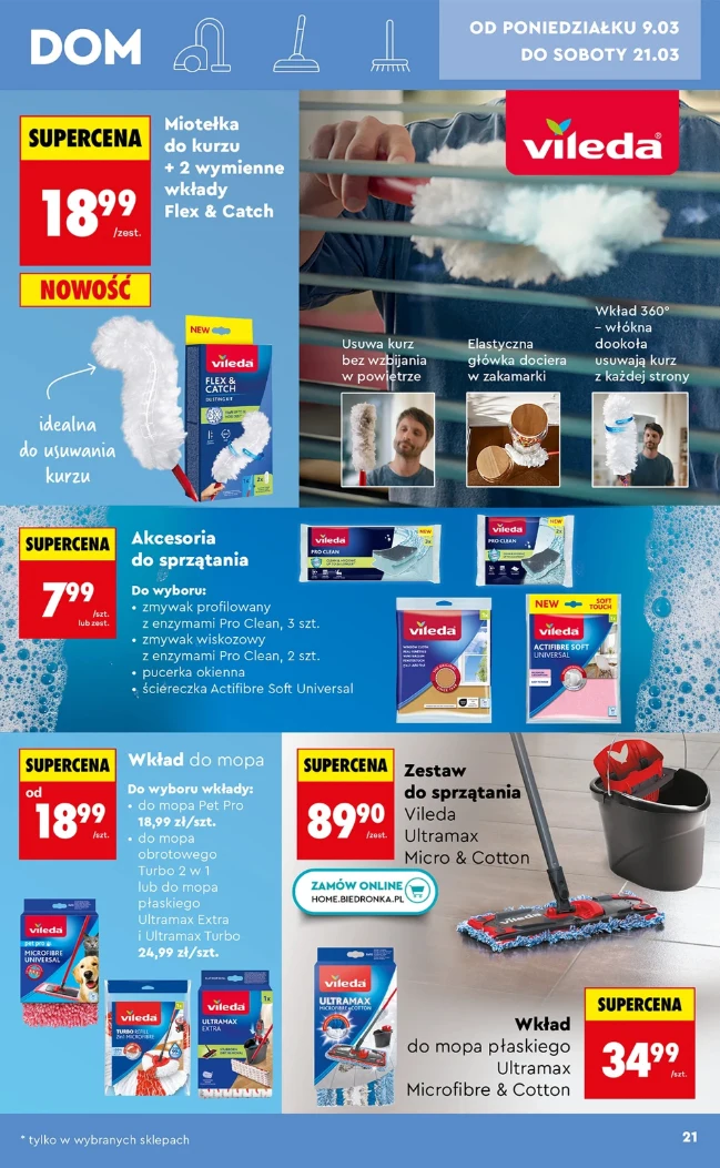 Reklama produktów Vileda do sprzątania, takich jak miotełka do kurzu, różne wkłady do mopów oraz akcesoria do sprzątania, z cenami promocyjnymi i zdjęciami produktów używanych podczas czyszczenia powierzchni domowych.