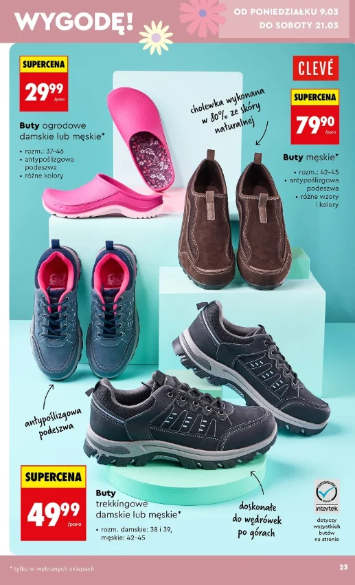 Oferta promocyjna butów obejmująca trzy modele: ogrodowe buty z tworzywa sztucznego w kolorze różowym, brązowe półbuty męskie ze skórzaną cholewką oraz trekkingowe buty sportowe w kolorze czarnym z różowymi i błękitnymi detalami; każdy model wyeksponow...