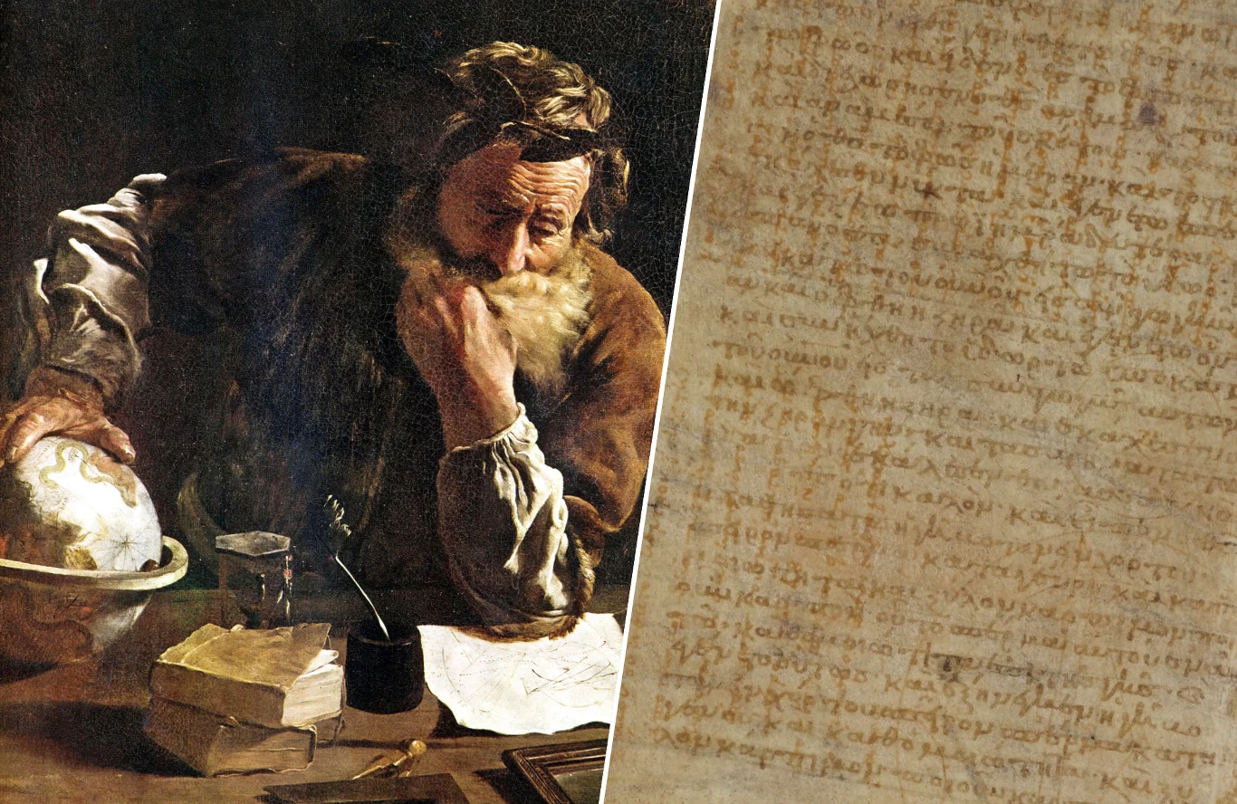 Archimedes - starszy mężczyzna z brodą przy stole z księgami, globusem i rękopisem. Obok karta z Palimpsetu.