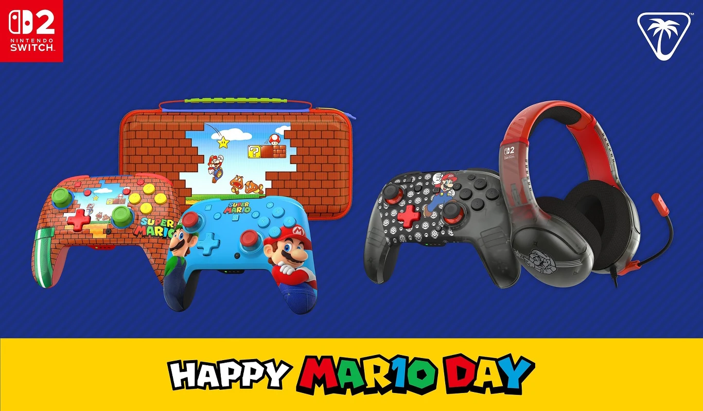 Bezprzewodowy kontroler Turtle Beach Rematch Mario & Luigi oraz czarne słuchawki Airlite Fit Mario Star na tle MAR10 Day.