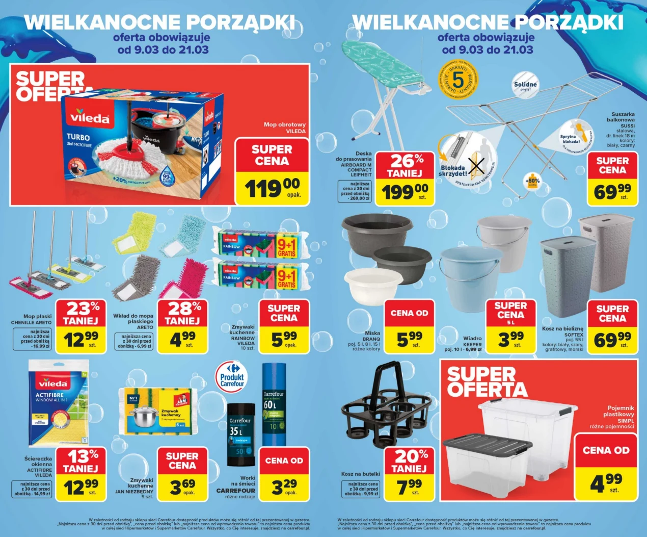 Kolorowa ulotka promocyjna z produktami do wiosennych porządków, wyraźnie wyeksponowany mop obrotowy Vileda Turbo w czerwonym prostokącie jako super oferta, liczne artykuły gospodarcze i środki czystości, plastikowe kosze i pojemniki na śmieci oraz reg...