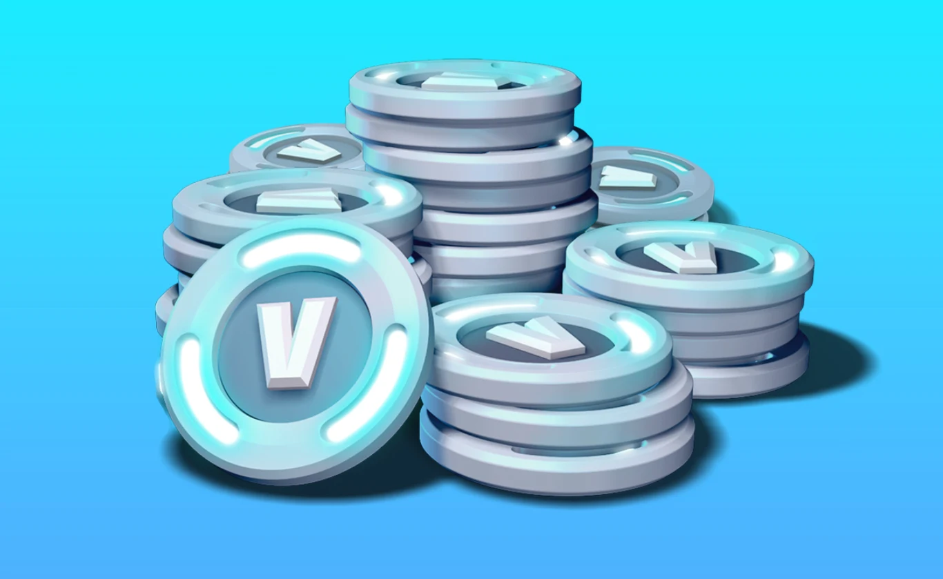 Stos srebrnych żetonów V-dolców na jasnoniebieskim tle z podświetleniami świetlnymi.