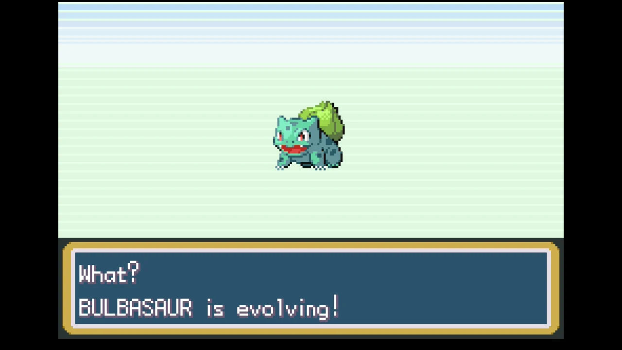 Bulbasaur znajduje się pośrodku jasnego ekranu, z wyraźnym tekstem poniżej informującym o jego ewolucji, typowy widok z gry Pokémon w stylu retro pixel art.