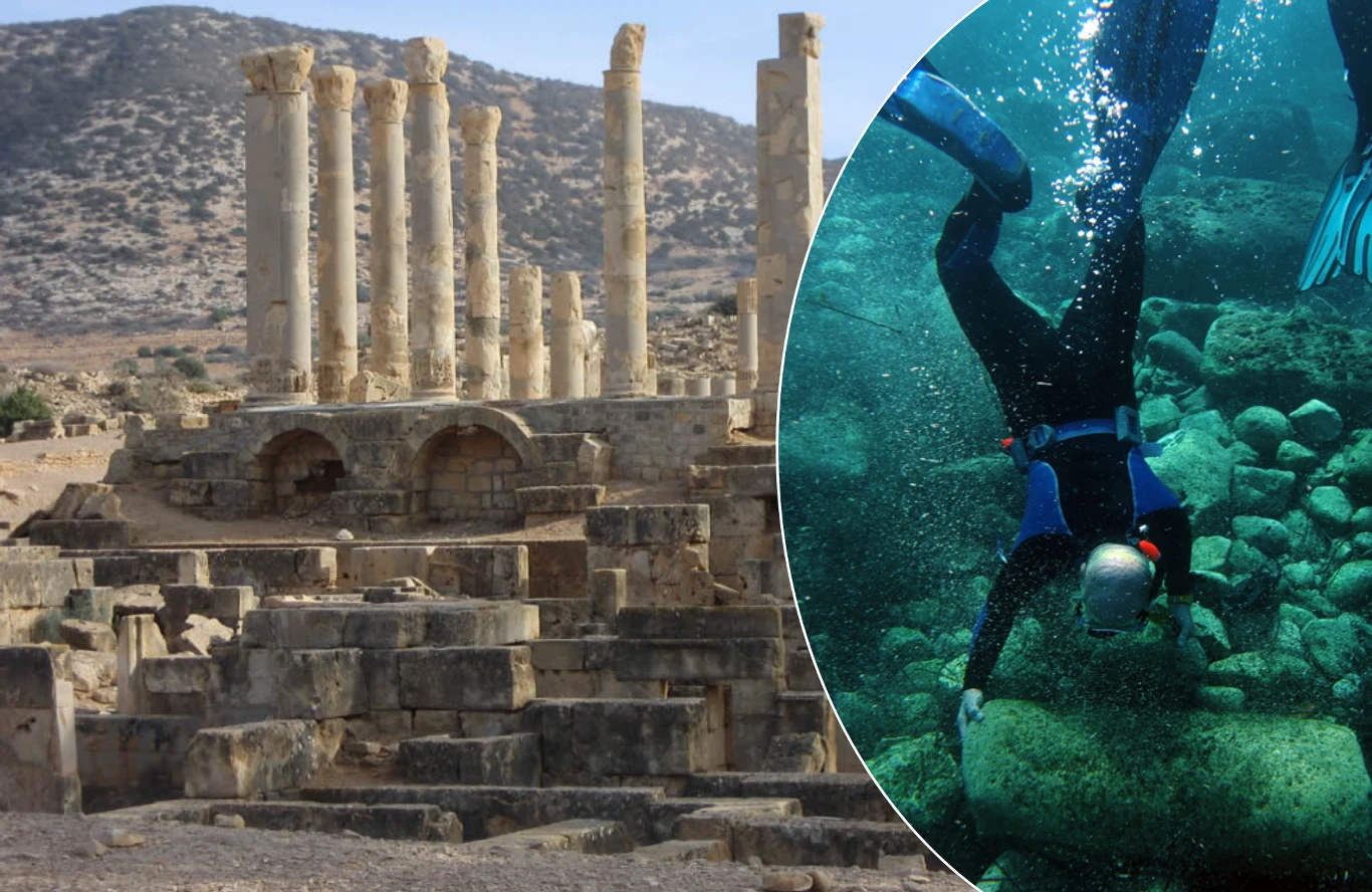 Archeolog podwodny nurkuje badać ruiny z kamiennymi kolumnami w starożytnym porcie miasta Ptolemais w Libii.