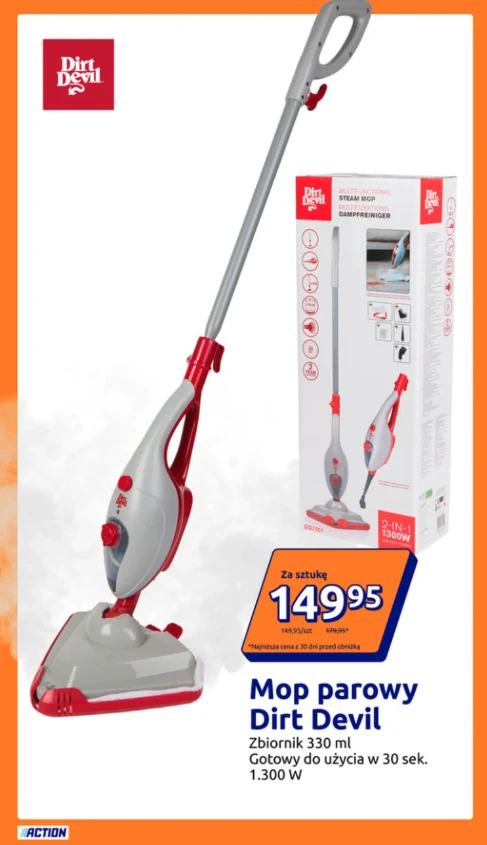 Mop parowy Dirt Devil o pojemności zbiornika 330 ml, szaro-czerwony, obok oryginalne opakowanie produktu z ilustracją urządzenia i szczegółami technicznymi; cena 149,95 zł wyróżniona na pomarańczowym tle.