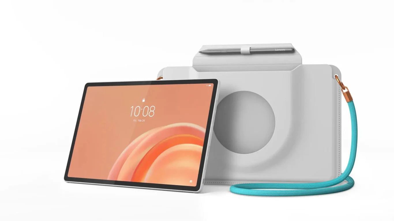 Nowoczesny tablet o cienkich ramkach, wyświetlający kolorowy ekran, oparty o białe etui z turkusowym paskiem na ramię i okrągłym wycięciem w tylnej części.