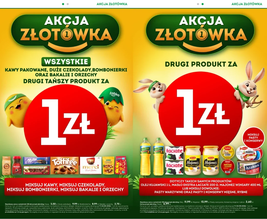 Kolorowa grafika promocyjna z napisem „Akcja Złotówka”, centralnie umieszczoną dużą cyfrą 1 i napisem „1 zł”, kolorowymi opakowaniami kaw, czekolad, bombonierek, bakalii, orzechów, mlecznych produktów i past do smarowania, a także animowanymi postaciam...
