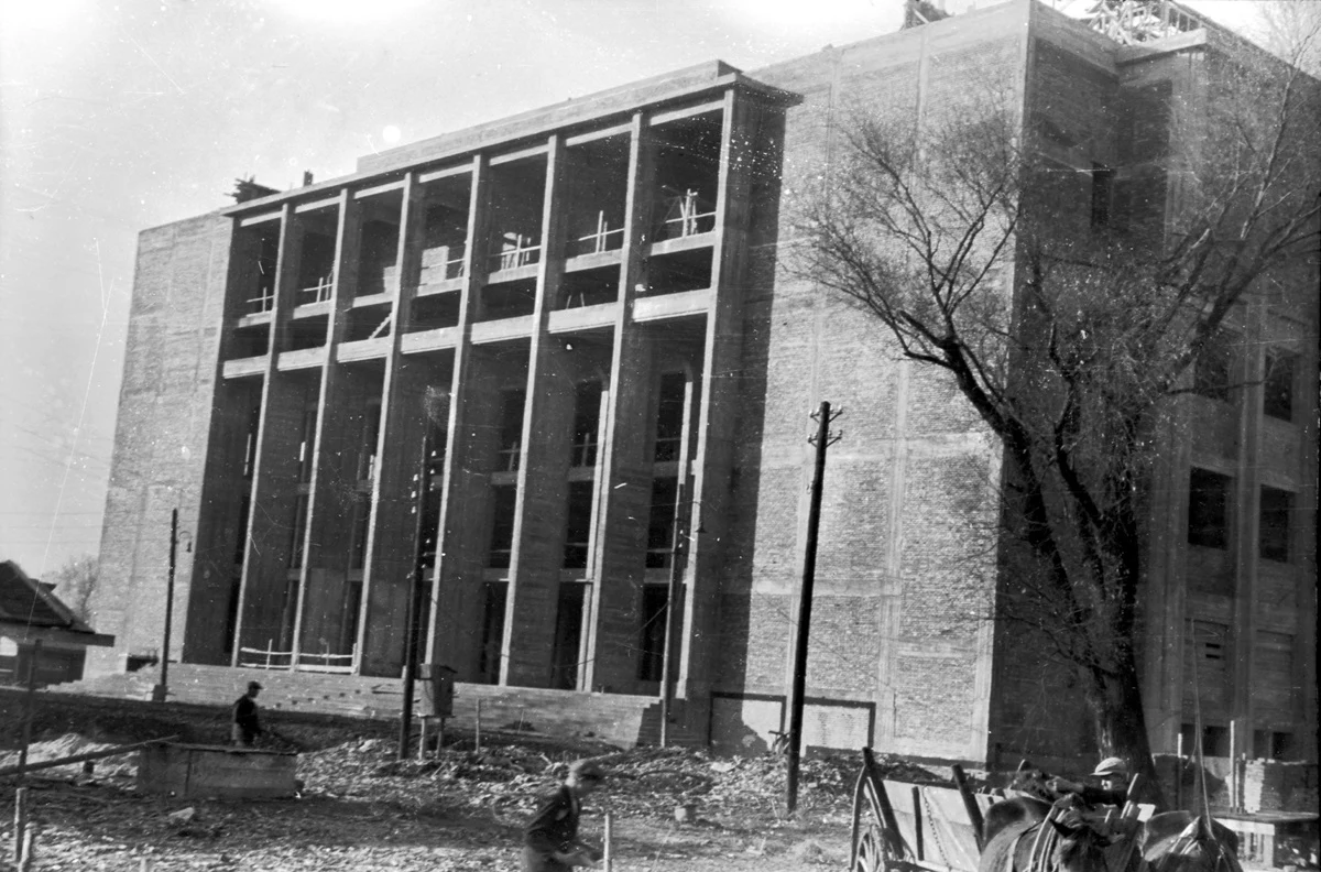 Surowa bryła nowoczesnego budynku z dużymi, pionowymi oknami, otoczona placem budowy, po którym poruszają się robotnicy oraz widoczne materiały budowlane; na pierwszym planie wysokie drzewo oraz częściowo widoczne ogrodzenie placu.