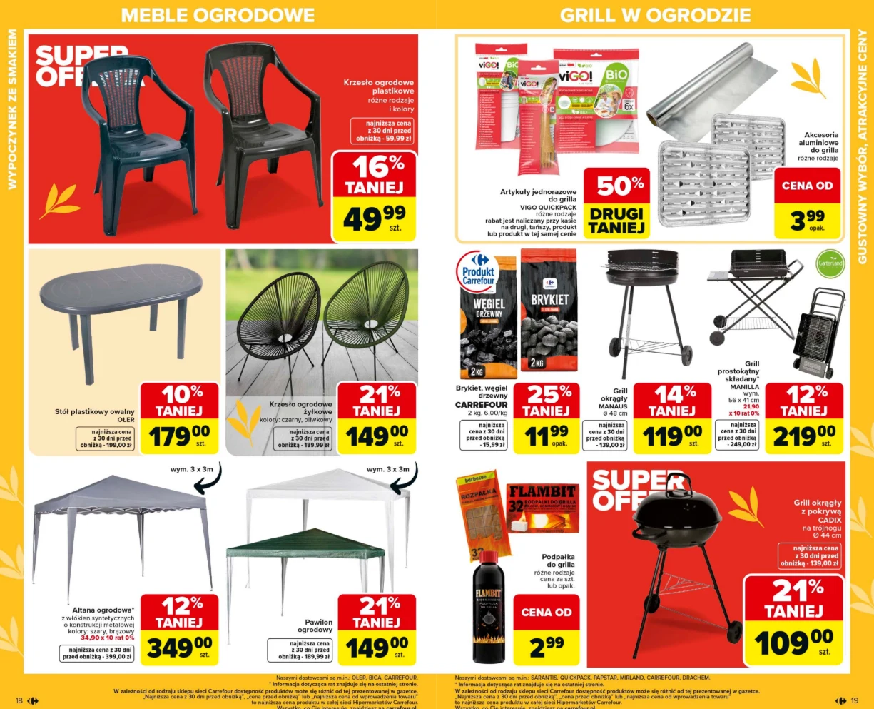 Promocyjna oferta mebli ogrodowych i akcesoriów grillowych, w tym plastikowe krzesła, okrągłe oraz owalne stoły, fotele z metalowymi nogami, dwa rodzaje pawilonów, różne grille węglowe, brykiet, podpałki, a także tacki aluminiowe i akcesoria do grillow...