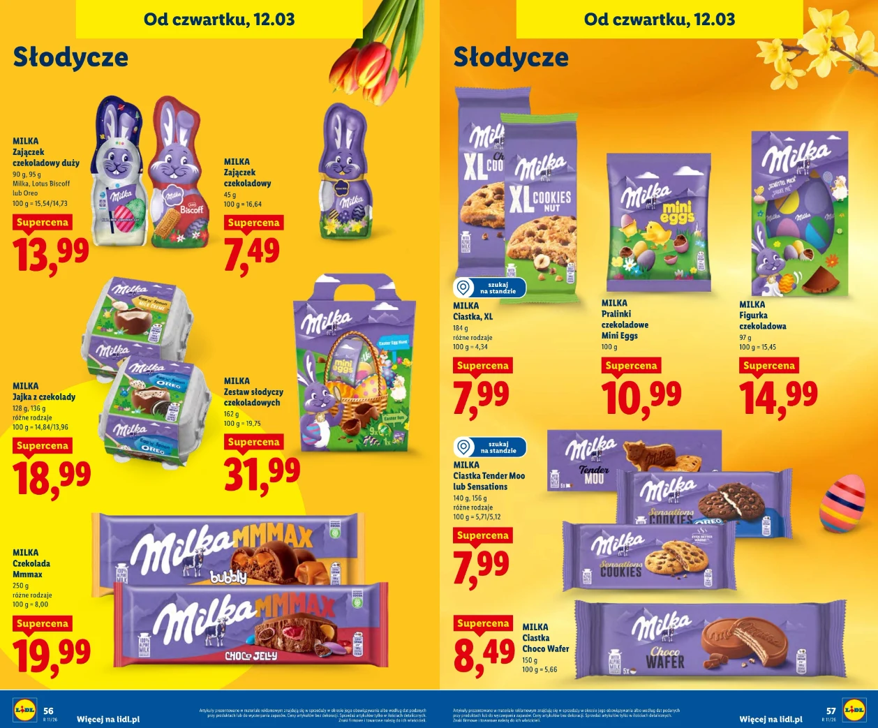 Zestaw różnorodnych produktów Milka o świątecznym, wielkanocnym motywie – czekoladowe zajączki, jajka, ciastka oraz tabliczki czekolady, wszystkie w fioletowych opakowaniach ozdobionych kolorowymi grafikami oraz widocznymi cenami promocyjnymi na żółtym...