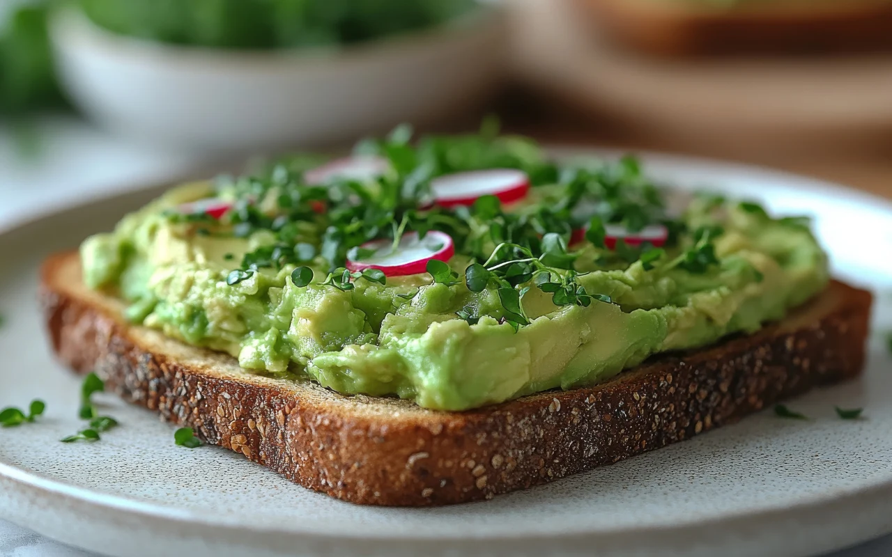 Chrupiąca kromka chleba z grubą warstwą kremowego awokado, udekorowana plasterkami rzodkiewki i świeżą rzeżuchą.
