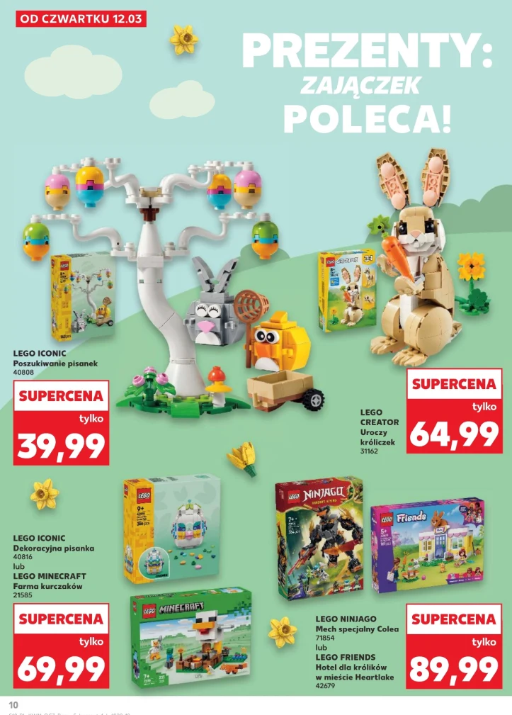 Kolorowa oferta zestawów LEGO z motywami wiosennymi i wielkanocnymi, wśród których wyróżniają się figurka zająca, drzewko z jajkami oraz różnorodne zestawy klocków prezentowane z cenami promocyjnymi na tle pastelowego plakatu.
