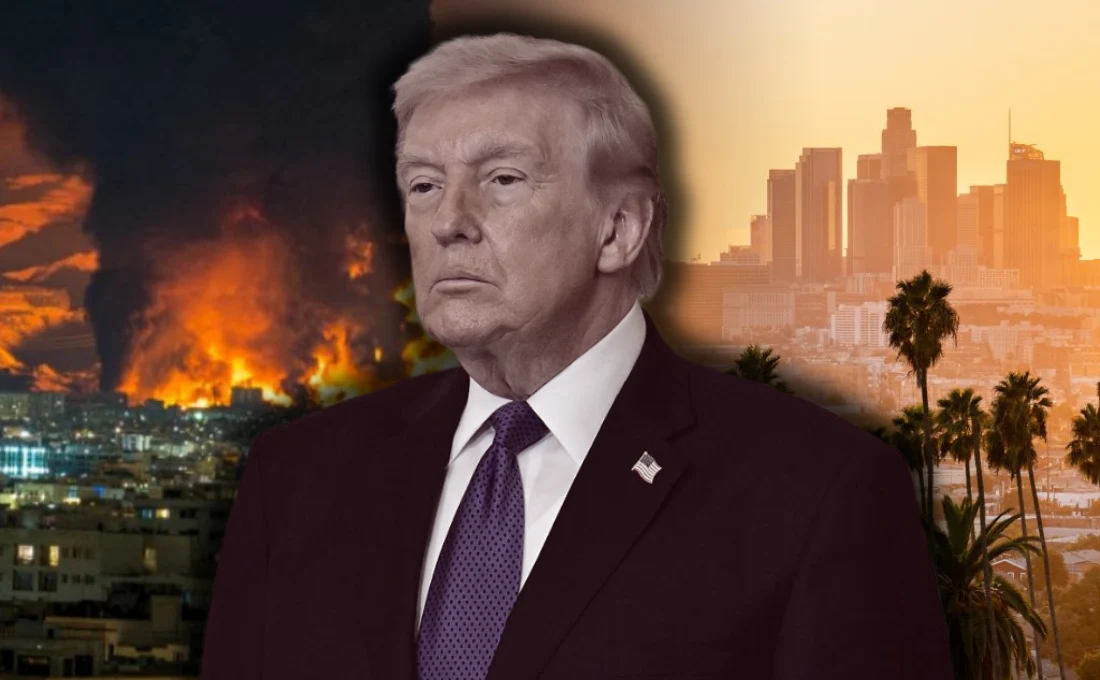 Donald Trump na tle Teheranu i Los Angeles