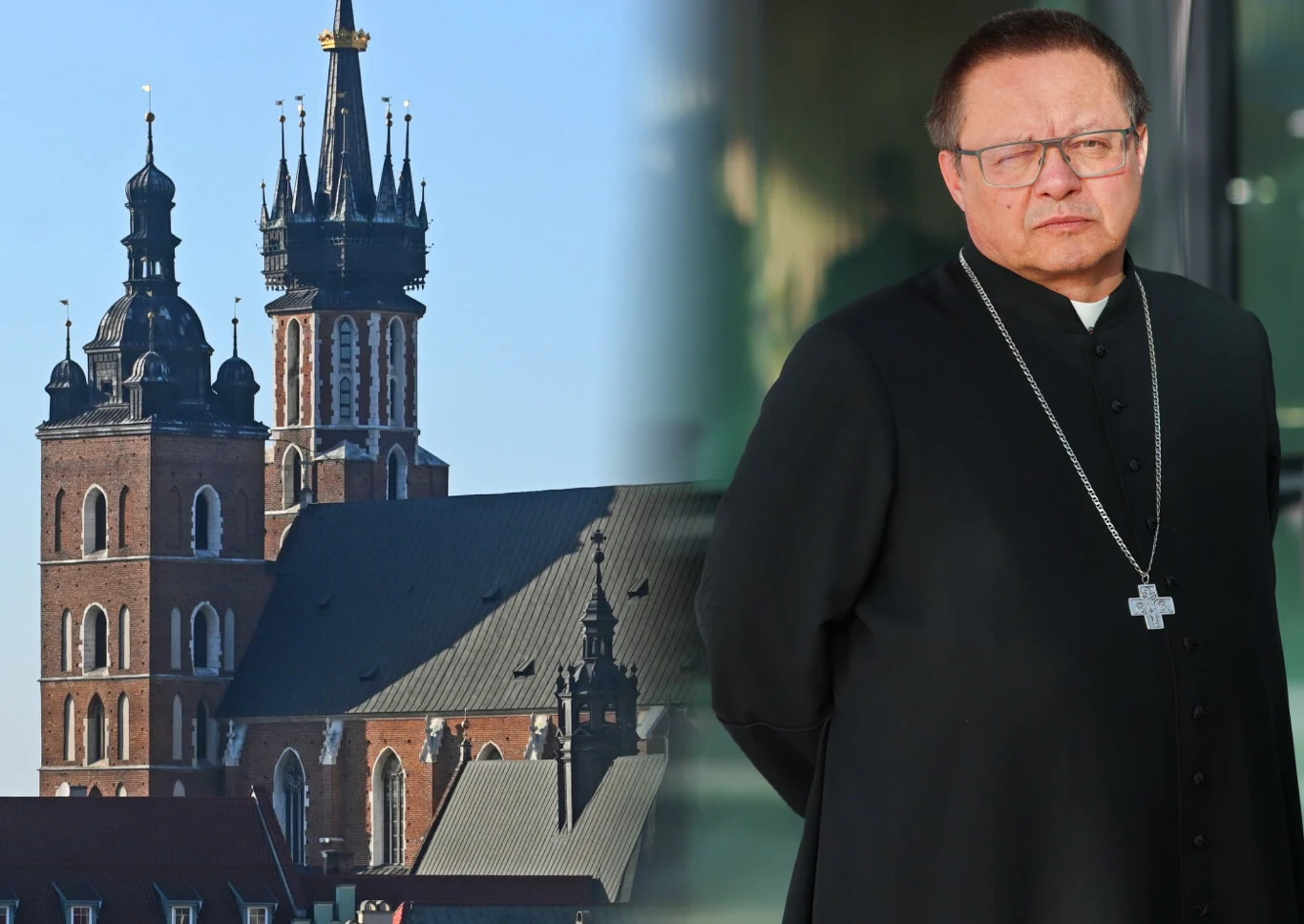 Po lewej bazylika Mariacka w Krakowie, po prawej kardynał Grzegorz Ryś w czarnym stroju liturgicznym z krzyżem.