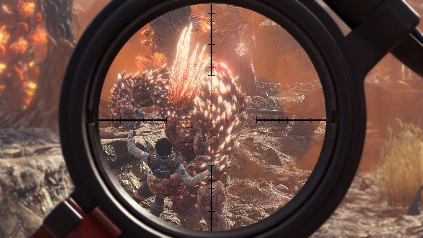 Celownik optyczny skupiony na walce postaci z potężnym, kolczastym potworem w spalonej, lawowej scenerii.