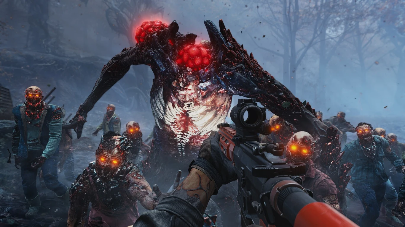 Grupa przerażających zombie z żarzącymi się na pomarańczowo oczami atakuje uzbrojonego bohatera, na czele stoi ogromny mutant z trzema świecącymi, czerwonymi głowami i zdeformowanym ciałem, a całą scenę spowija mroczna, mglista atmosfera lasu.