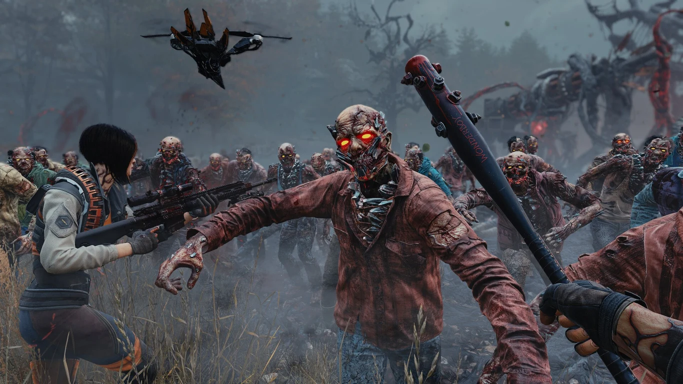 Horda zombi z pomarańczowymi świecącymi oczami atakuje uzbrojonego człowieka, który celuje do nich z karabinu; nad grupą unosi się dron, a w tle widać mroczny, zamglony las i tajemnicze, wielkie macki.