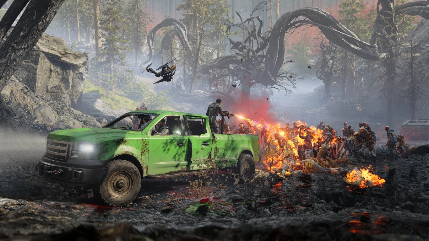 Zielona terenówka w dynamicznej scenie, z uzbrojoną postacią strzelającą z karabinu do tłumu płonących zombie, otoczona przez mroczny, zarośnięty drzewami las z dziwacznie powyginanymi konarami w tle.